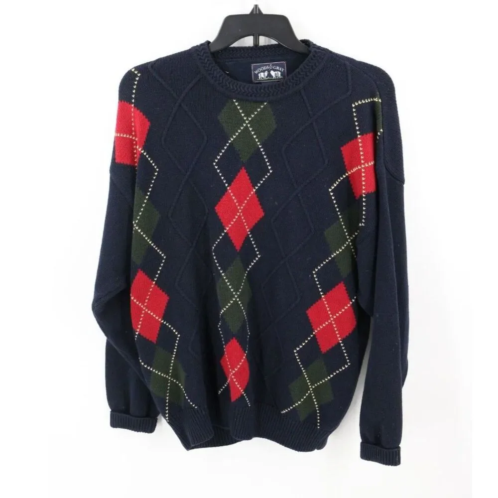 Woods & Gray Mens Argyle Knit Sweater Size XL Blue Red Thick Diamond